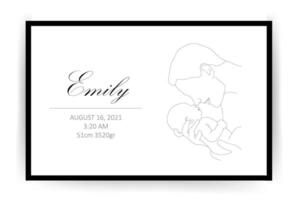 Newborn metric. Baby Shower poster with name, date of birth, weight and height. Mother and child in linear style. One line art. Minimalistic vector