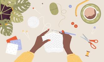 Crochet knitting process. African hands with hook and thread. Balls of yarn. Top view of the workplace. Tailor shop elements. Hand drawn illustration in flat cartoon style vector
