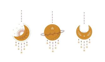 Abstract aesthetic boho planet and moons. Scandinavian design for wallpaper and home decor. Contemporary geometric element. Modern illustration in flat style vector