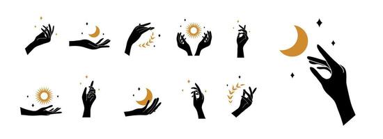 Boho hand with moon and sun. Collection of bohemian aesthetic design logos. Alchemy esoteric talismans. minimalist style vector