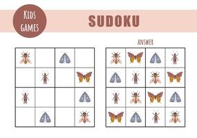 Sudoku for kids. Children activity sheet. Puzzle game with boho butterflies. Education and leisure concept. illustration in flat cartoon style vector