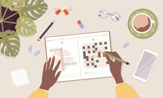 Crossword puzzle. Learning and leisure concept. African woman solves rebus. Top view workplace. Task for development of logical thinking and training brain. illustration in flat cartoon style vector