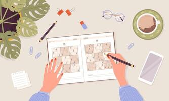 Person solving Sudoku with coffee vector
