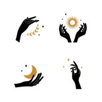 Boho hand with moon and sun. Collection of bohemian aesthetic design. Alchemy esoteric talismans. illustration in minimalist style vector