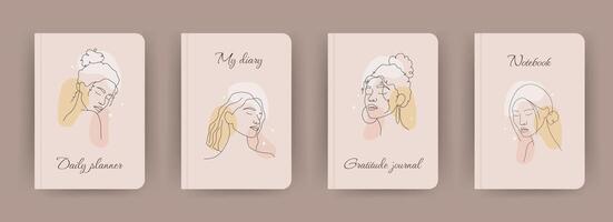 Cover page notebook collection. Templates with abstract women faces in one line style. Perfect for diary, books, magazines, journals, catalogs, planners and flyers. layouts vector