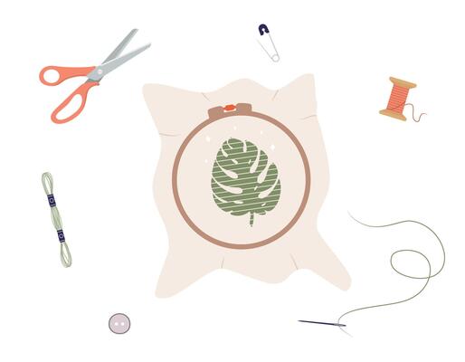 Embroidery process. Workshop, needlework, embroidery and knitting. Needle and thread. Balls of yarn. Top view of workplace. Tailor shop elements. Hand drawn illustration in flat cartoon style