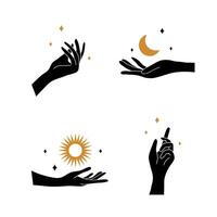 Boho hand with moon and suns. Collection of bohemian aesthetic design logos. Alchemy esoteric talismans. illustration in minimalist style vector