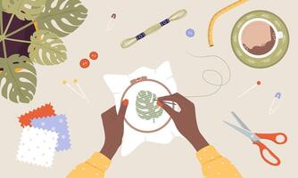 Embroidery process. Workshop, needlework and knitting. African female hands with needle and thread. Top view of the workplace. Tailor shop elements. Hand drawn illustration in cartoon style vector
