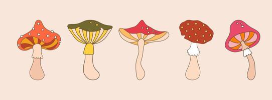 Groovy mushrooms. Abstract vintage element. Hippie illustration in flat cartoon style. Psychedelic funky funguses. vector