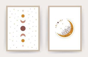 Posters with abstract boho moon. Scandinavian design for wallpaper and home decor. Contemporary geometric backgrounds. Modern illustration in flat style vector