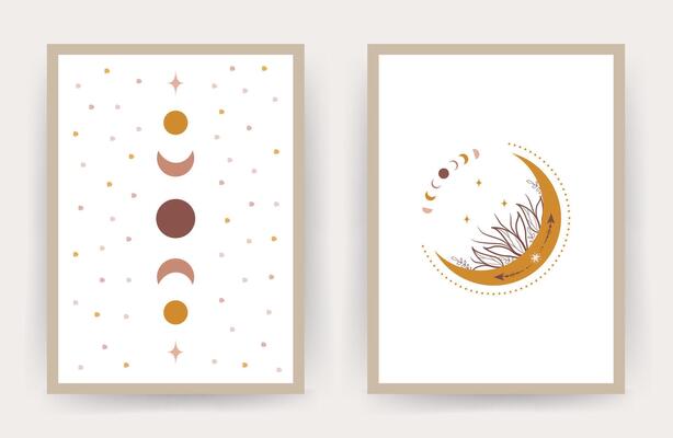 Posters with abstract boho moon. Scandinavian design for wallpaper and home decor. Contemporary geometric backgrounds. Modern illustration in flat style