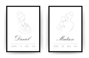 Newborn metric. Baby Shower poster with name, date of birth, weight and height. Mother and child in linear style. Minimalistic illustration vector