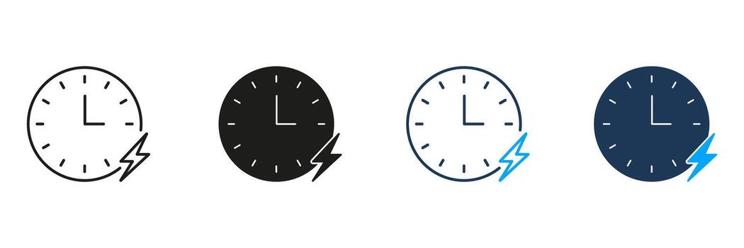 Clock With Lightning Bolt Line And Solid Icon Set. Time Management, Speed, And Efficiency Symbol Collection. Fast Decision-Making And Quick Response Representation. Isolated Illustration vector