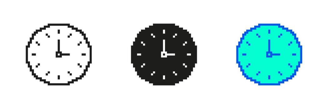 Clock Pixelated Icon Set. Pixel Art Symbol of Time and Timekeeping. Time Measurement and Management. Isolated Illustration vector
