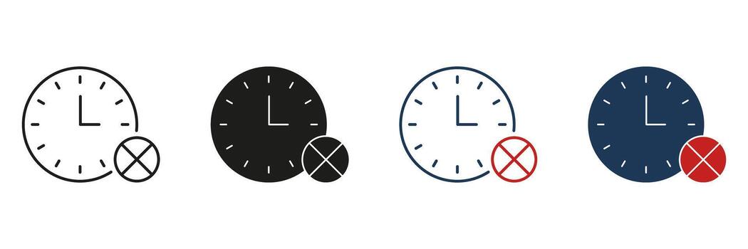 Clock With Cancel Symbol Line And Solid Icon Set. Time Management, Deadline Missed, And Schedule Cancellation Silhouette Symbol Collection. Isolated Illustration vector