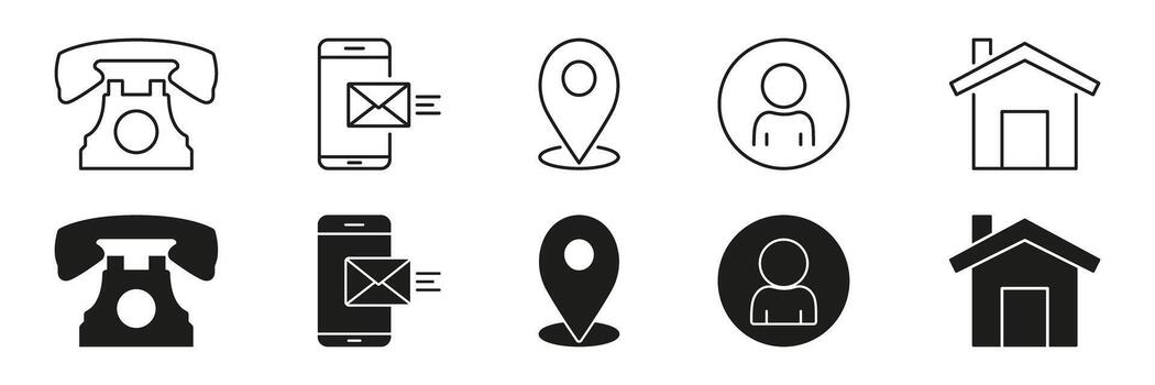 Communication And Location Icon Set. Contact Methods, Messaging, And Navigation Symbol Collection. Includes Phone, Mobile, Email, Location, User, And Home Icons. Isolated Illustration vector