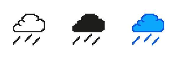 Rain Cloud Pixelated Icon Set. Pixel Art Symbol of Rainy Weather. Precipitation and Wet Weather Icon. Isolated Illustration vector