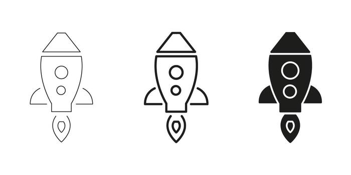 Rocket Launch In Line, Outline, And Glyph Icon Set. Space Exploration, Innovation, And Startup Growth Symbol Collection. Futuristic And Technological Advancement. Isolated Illustration vector