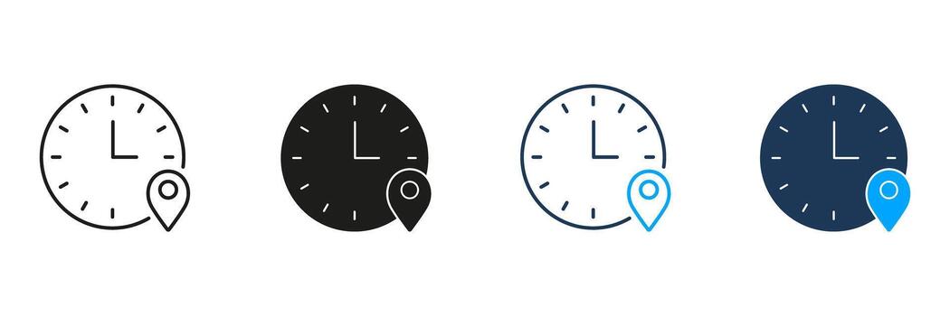 Clock With Location Pin Line And Solid Icon Set. Time Management, Scheduling, And Geolocation Tracking Symbol Collection. Efficient Planning And Navigation. Isolated Illustration vector