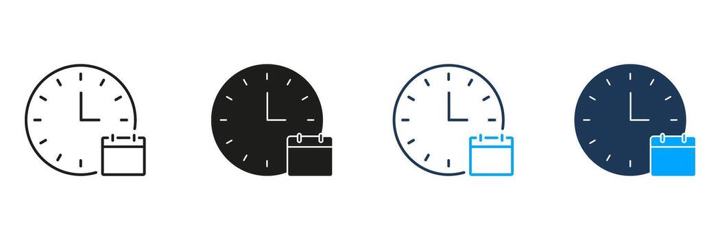 Clock And Calendar Line And Solid Icon Set. Time Management, Scheduling, And Planning Symbol Collection. Efficient Organization And Event Coordination. Isolated Illustration vector