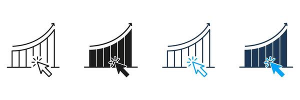 Growth Chart With Cursor Click Line And Solid Icon Set. Digital Marketing, Data Analysis, And Business Growth Tracking Symbol Collection. Analytics Representation. Isolated Illustration vector