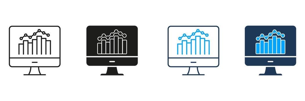 computadora monitor con grafico línea y sólido icono colocar. datos análisis, negocio analítica, actuación rastreo símbolo recopilación. visual representación de Estadísticas. aislado ilustración vector