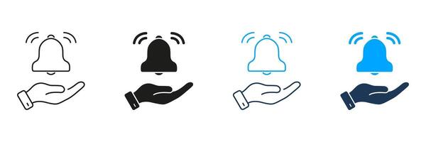 Hand Holding Notification Bell Line And Solid Icon Set. Alert Management, Reminder, And Notification Control Silhouette Symbol Collection. User Engagement And Attention. Isolated Illustration vector
