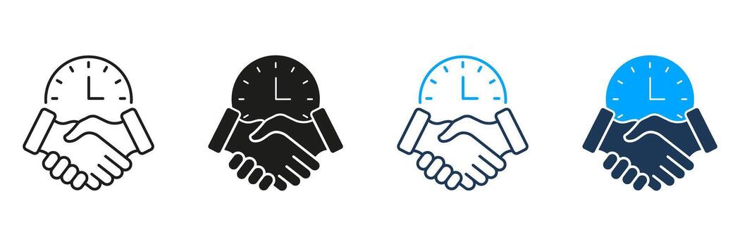 Handshake With Clock Line And Solid Icon Set. Time Management, Business Agreement, And Deadline Coordination Symbol Collection. Partnership And Efficiency. Isolated Illustration vector