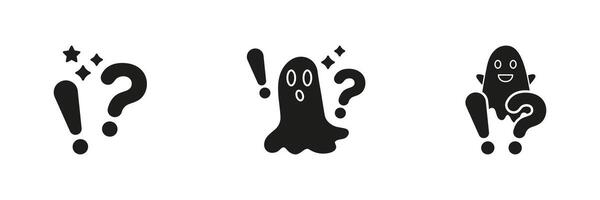 Ghosts With Exclamation And Question Marks Solid Icon Set. Surprise, Curiosity, Mystery Silhouette Symbol Collection. Expressive Communication And Emotion Icons. Isolated Illustration vector