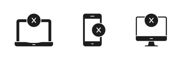 Device Error, Connectivity Issues, System Failure Silhouette Icon Collection. Laptop, Smartphone, Desktop With Error Symbol Solid Symbol Set. Technology Troubleshooting. Isolated Illustration vector