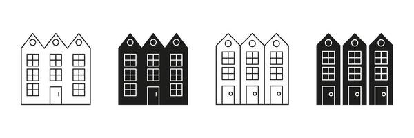 Row Of Townhouses Line And Solid Icon Set. Urban Housing, Real Estate, And Residential Architecture Symbol Collection. Modern City Living And Property Development. Isolated Illustration vector