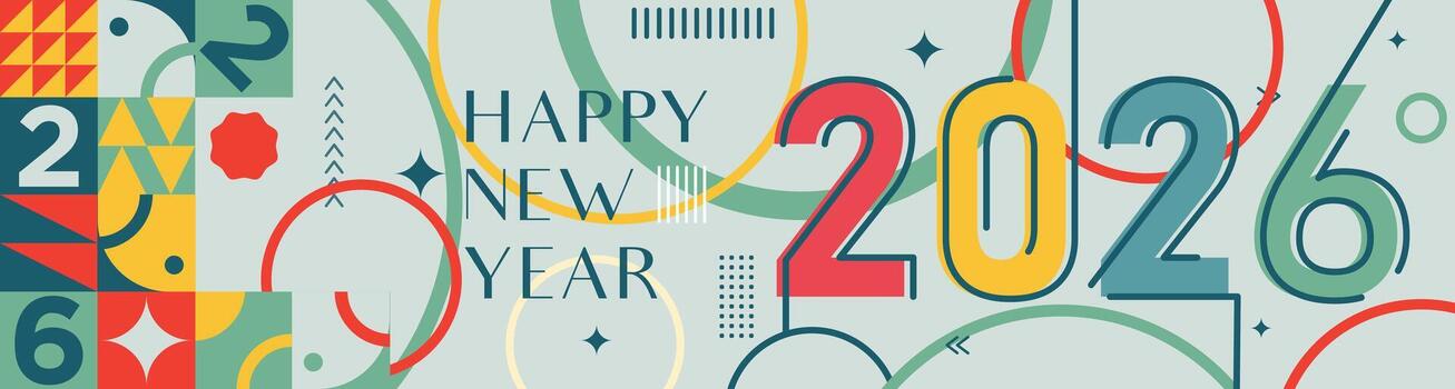 Happy New Year 2026 Text Illustration with Geometric Shapes and Festive Patterns vector