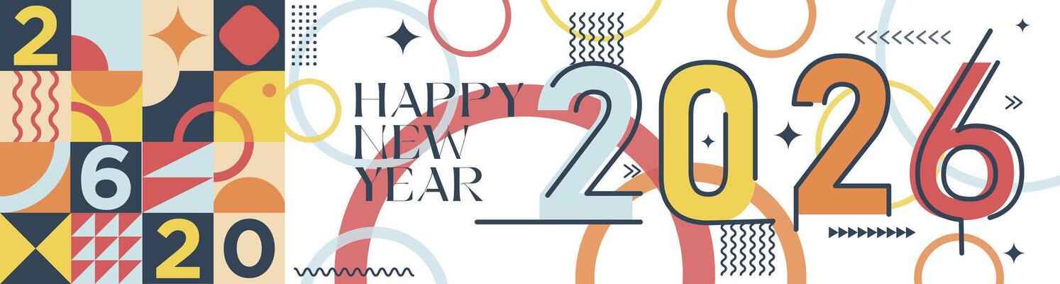 Modern Calligraphy Happy New Year 2026 Greeting on Abstract Geometric Background