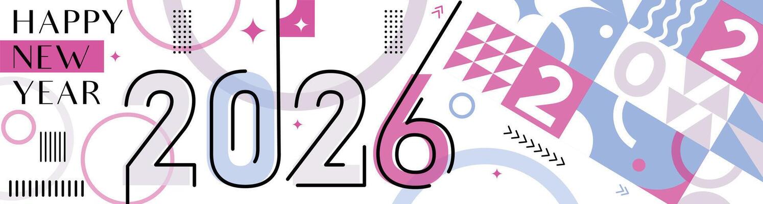 Happy New Year 2026 Calligraphy Greeting with Abstract Lines and Geometric Pattern