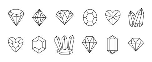 Gemstones and crystals in various shapes, black line icon set, editable stroke. Collection of gem monochrome signs, outline diamonds and faceted stones vector