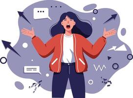 Stressed woman overwhelmed by multiple directions and choices in abstract chaotic background vector