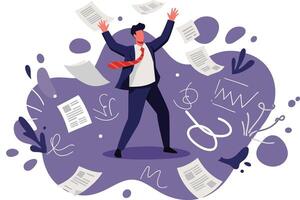 Businessman celebrating success with flying documents and financial graphs in abstract purple background vector