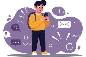 Young man using smartphone surrounded by digital icons and notifications with purple background technology illustration vector