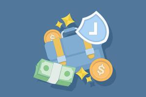 business security concept, Briefcase with money and a checkmarked shield. personal fund protection, business security. Ideal banner illustration vector