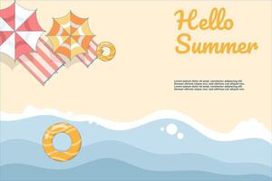 Summer themed illustration, with beach and umbrella and beach. summer illustration with beach stuff, float, surfboard and waves. Flat design illustration on background. vector