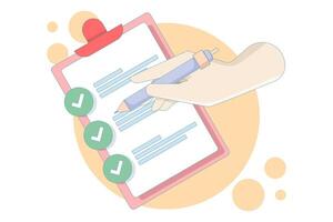 concept of filling out a questionnaire or survey. Survey or feedback opinion checklist completion or questionnaire form evaluation or assessment. giving responses and selecting answers. vector