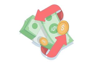 green banknote and gold coins icon. money surrounded by curved red arrows. currency movement financial circulation financial business exchange rate digital payment. vector