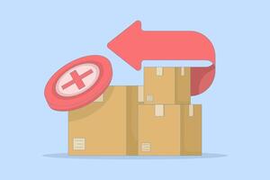 Concept of return, cartoon delivery error, red X cross symbol, failed package receipt, order cancellation. Illustration for shipping infographics. Icon and cardboard box. vector