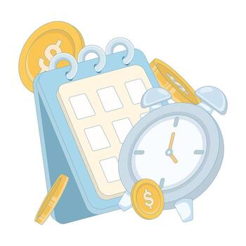 concept of timely payment planning. Calendar and alarm clock with gold coins around it. reminder for timely payment for services. Reminder for utility payments. flat design. vector