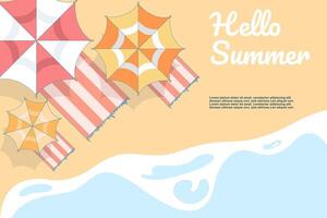 Summer themed illustration, with beach and umbrella and seashore. summer illustration with beach stuff, float, surfboard and waves. Flat cartoon design illustration on background. vector