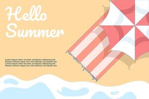 Summer themed illustration, with beach and umbrella and beach. summer trip with beach stuff and waves. Flat illustration on background. vector