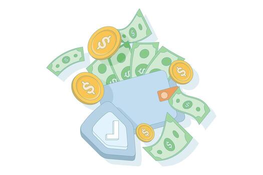 Mobile payment application concept, Wallet with cash and coins placed on smartphone, Digital wallet application for financial transactions. Internet banking concept. Flat design illustration. vector