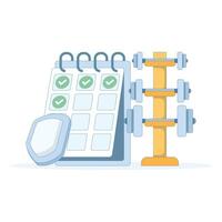 Barbells and calendars. The concept of fitness schedules, fitness and healthy eating, and the concept of health goals. Consistent training and weightlifting. Gym schedules. Consistency and lifestyle. vector