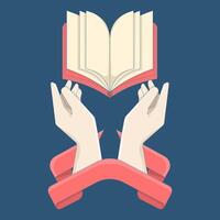 Education and knowledge concept. Happy world book day. World book day label. illustration of two hands with open book and red ribbon. flat illustration on background. vector