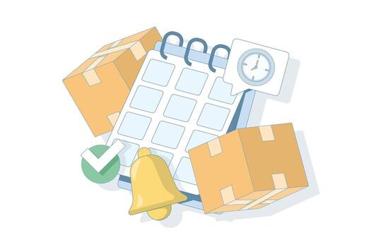 Supply synchronization concept with lead time. Clipboard with checklist, ensuring timely delivery through just-in-time. Equipment for automation, synchronization arrows. Flat illustration. vector